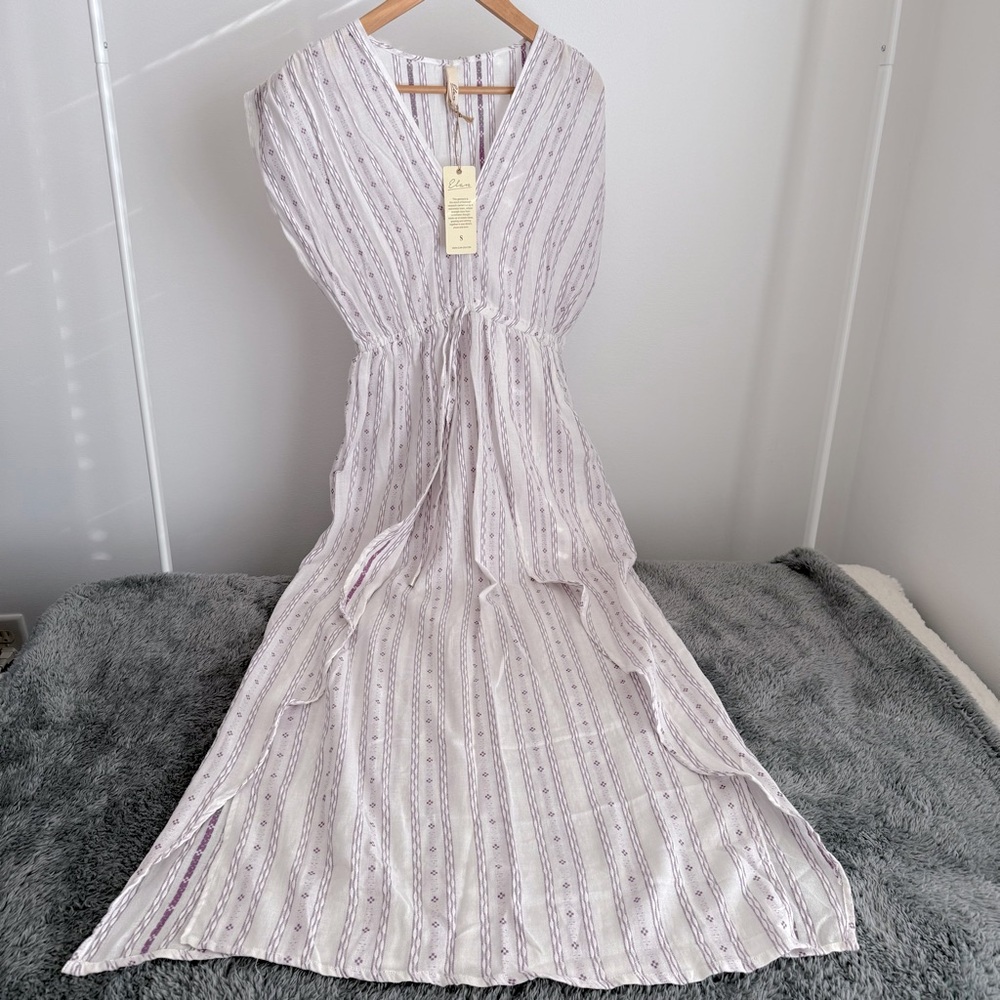 Elan Women's White/Purple Stripe Cover-Up Maxi Dress, 100%Cotton, Size S